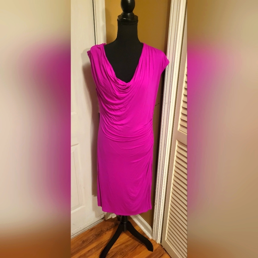 Ann Taylor Vibrant Pink/Magenta Sleeveless Drape Midi Dress, Size 10